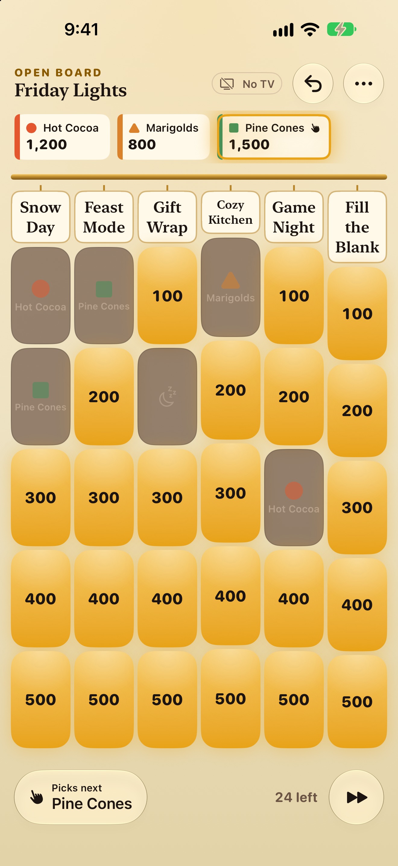 FirstBuzz host board on iPhone, showing a game-show grid.