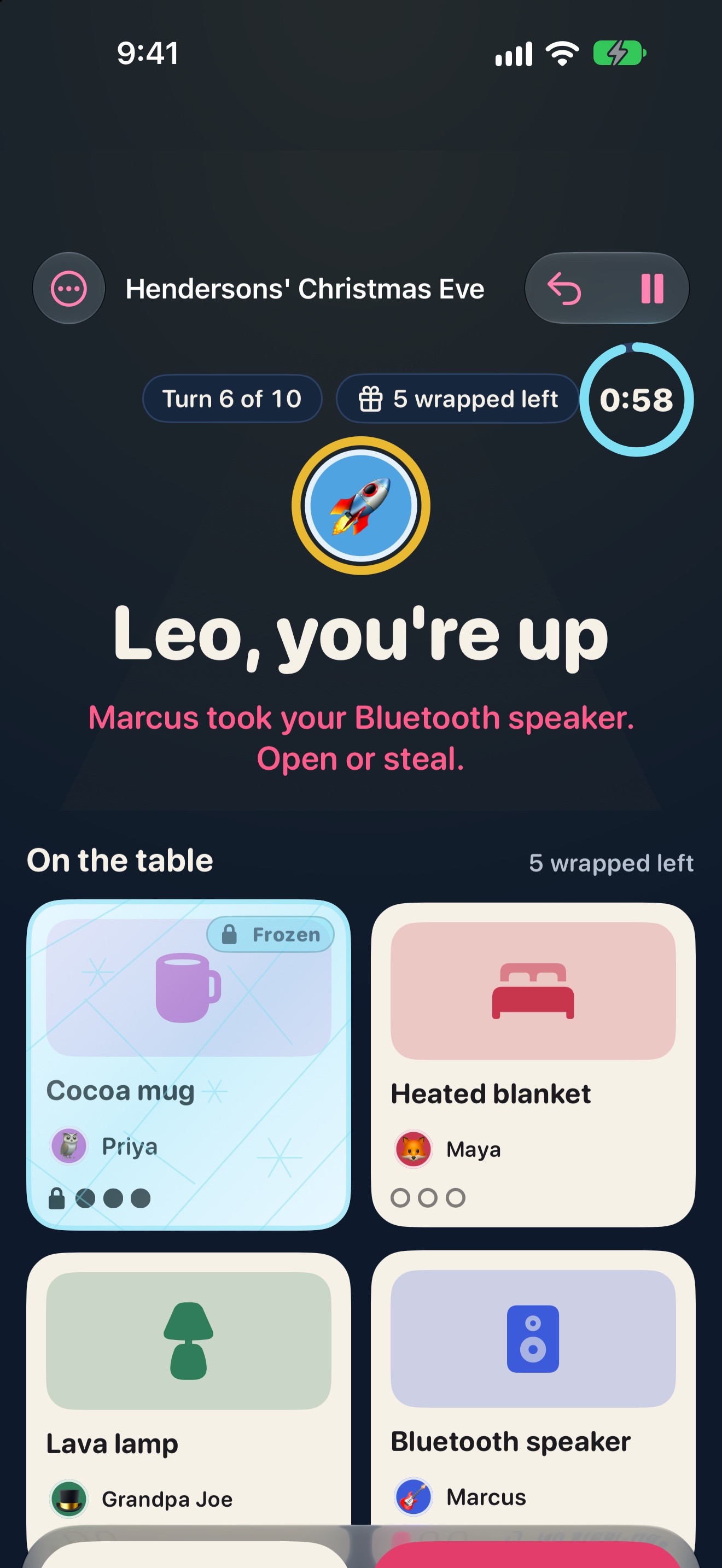 Heistmas on iPhone, showing whose turn it is to open or steal.
