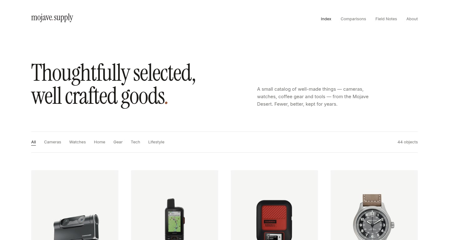Mojave Supply homepage, with the catalog headline and a row of cameras, GPS, and a field watch.