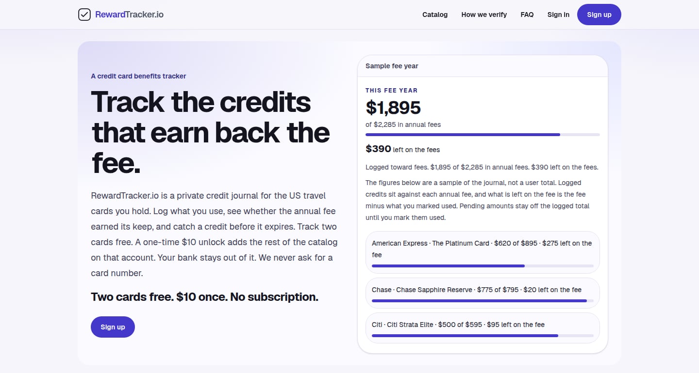 RewardTracker.io homepage, with leftover annual card fees and a sample journal.