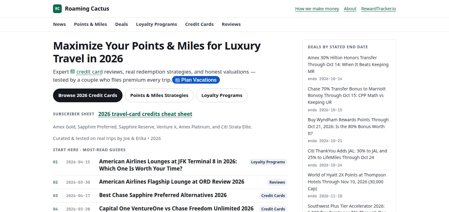 Roaming Cactus homepage, with points-and-miles guides and the 2026 travel-card cheat sheet.